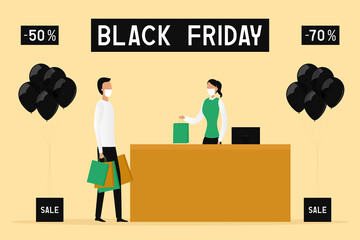 Wall Mural - Black Friday sale. Buyer in medical mask. Vector illustration.