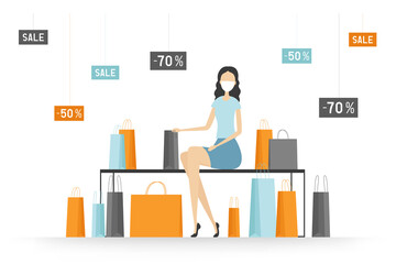 Wall Mural - Woman in mask sitting with a lot of purchases. Shopping. Vector illustration.