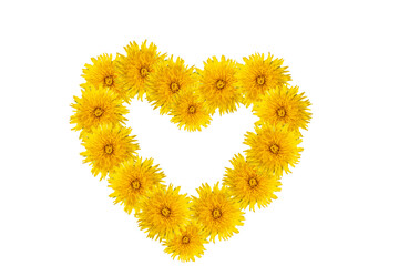 Wall Mural - Symbol of love, happiness, summer - heart shape made of yellow dandelions isolated on white background