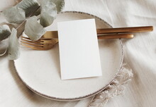Menu Card Mockup On Empty Modern Minimal Table Place Setting Neutral Beige Color.  Space For Text. Scandinavian Style.