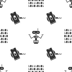 Poster - Set Binary code, Robot and Wireless charger on seamless pattern. Vector