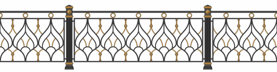 Wall Mural - Iron railings for the city. Art Nouveau. Blacksmithing. Gold decor. Balcony. Terrace. Facades. Classic architecture. Template for architectural projects. Iron fence. Isolated. White background.	