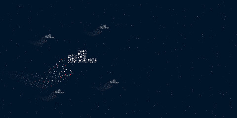 Poster - A winners podium symbol filled with dots flies through the stars leaving a trail behind. There are four small symbols around. Vector illustration on dark blue background with stars