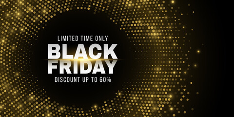 Poster - Futuristic, glittering dotted background for Black Friday sale. Abstract, golden halftone effect. Fashion advertising promotion template. Commercial discount event. Vector illustration.