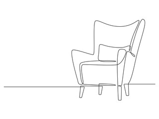 Continuous one line drawing of armchair. Modern chair in Linear style. Interior Furniture hand-drawn picture silhouette. Vector illustration