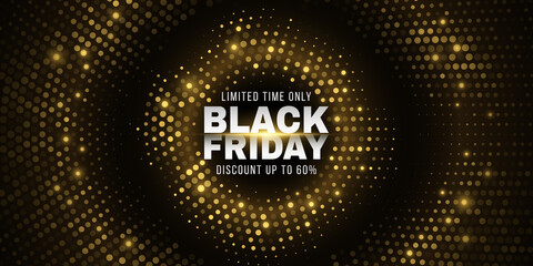 Poster - Futuristic cover for Black Friday sale. Abstract, glittering dotted background. Fashion advertising promotion template. Commercial discount event. Vector business illustration.