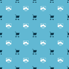 Sticker - Set Shopping cart and Credit card on seamless pattern. Vector