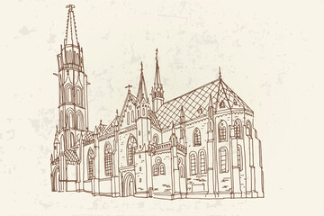 Poster - vector sketch of St. Matthias Church in Budapest, Hungary.