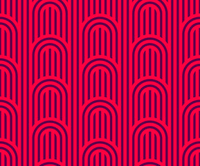 Wall Mural - Linear seamless background with twisted lines, vector abstract geometric pattern, stripy weaving, optical maze, web network. Red color design.