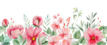 Watercolor Pink Flowers And Green Leaves Seamless Border Illustration