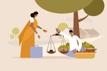 Illustration Of A Rural Indian Market Where A Woman Buys Vegetables From A Seller