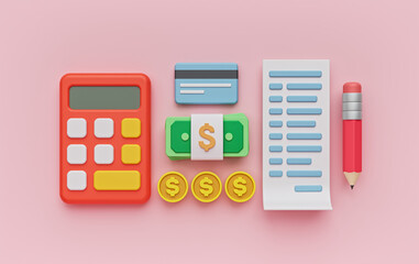 Poster - budget calculation, Bill paying concept. calculator, credit card, money, bill, pencil. 3d rendering