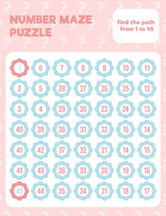 Math number maze puzzle. Prinatble math worksheet page. Easy colorful math worksheet practice for kids in preschool, elementary and middle school.
