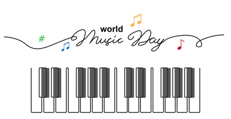 Poster - World Music Day sketch. Piano keys simple vector banner, poster, background. One continuous line drawing with text Music Day
