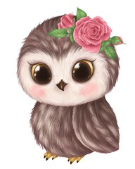 Wall Mural - Cute owl isolated on white. Baby owl with flower 