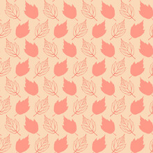 Autumn Falling Leaves Contours Seamless Pattern. Outline Foliage Boundless Background. Pastel Fall Endless Texture. Red And Pink Leaves Repeating Surface Design. Cute Autumn Backdrop.