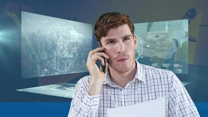 Poster - Animation of businessman talking on smartphone over data processing on screens