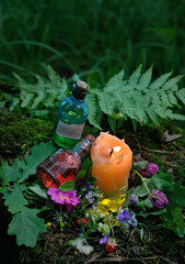 Wall Mural - Burning candle, magic witch bottles, flowers on dark forest natural background. Magic, Witchcraft, spiritual practice. pagan, Wiccan, Slavic traditions. esoteric ritual for Midsummer, Litha