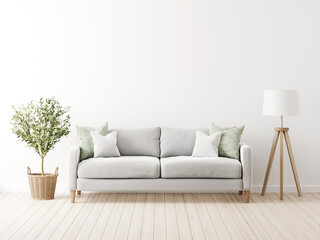 Poster - Traditional living room interior mockup with grey sofa and green pillows by olive tree in wicker basket and floor lamp on empty white wall background. 3d rendering, illustration