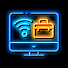 Poster - wifi and business case on computer screen neon light sign vector. Glowing bright icon wifi and business case on computer screen sign. transparent symbol illustration