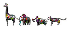Vector Colorful Set Of Skeletons Of Savannah Animals With Floral Design, Isolated On White Background. Dia De Los Muertos, Day Of The Dead Or Halloween Concept. Giraffe, Elephant, Rhino And Tiger