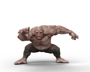 Poster - 3D rendering of a giant ogre fantasy creature in crouching pose isolated on a white background.