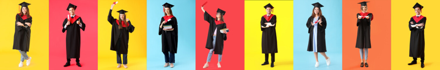 Group of graduating students on color background
