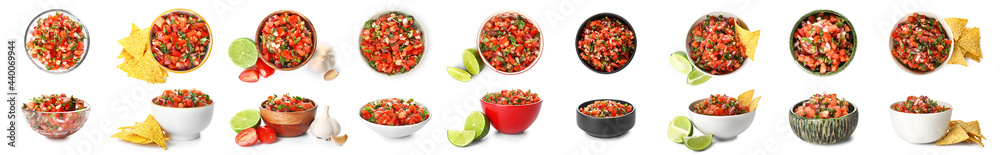 Bowl of tasty Pico de Gallo salsa on white background - obrazy, fototapety, plakaty 
