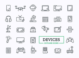 Vector device icon set. Simple signs of laptop, mobile, headphones, tablet, computer, fax, drone