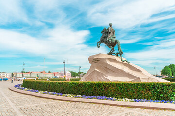 Statue of Peter the Great, known as the Bronze Horseman in Saint Petersburg in summer