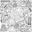 © Adzami - Black and white hand drawn set of winter elements - cone, mittens, spruce branches, fir-tree, snowflakes. Cozy symbols for cold season. Original image with isolated objects. Creative illustration