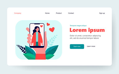 Poster - male hand holding smartphone with woman photo. love, heart, phone flat vector illustration. social m