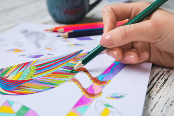 Sticker - Woman coloring picture at wooden table, closeup