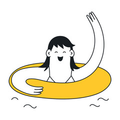 A cute funny cartoon girl is swimming in an inflatable ring. Thin-line elegant minimal vector illustration of vacation, leisure time, or pool party on white background.