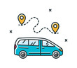 Vector linear illustration with family vacation van, location and travel route. Colored minimalistic minivan icon. Concept for transport services and car rental. 