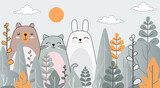 Fototapeta Dziecięca - Children's wallpaper. Drawing with animals. Wallpaper for the children's room. Photo wallpapers. Children's greeting card. Fabulous forest.