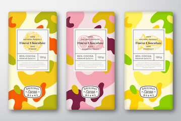 Wall Mural - Chocolate Labels Set. Abstract Vector Packaging Design Layouts Collection. Modern Typography, Hand Drawn Starfruit, Kiwano, Maracuja Sketches and Colorful Camouflage Pattern Background. Isolated