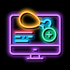 Poster - internet food order computer screen neon light sign vector. Glowing bright icon internet food order computer screen sign. transparent symbol illustration