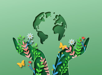 green hand nature plant leaf and planet earth papercut