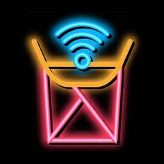 Poster - food box wifi mark neon light sign vector. Glowing bright icon food box wifi mark sign. transparent symbol illustration