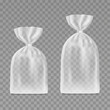 Two transparent plastic bags with clip isolated on transparent. Package mockup. Vector 3d realistic. Blank template. Cellophane packaging for various products. Big and small. Ready for design. EPS10.