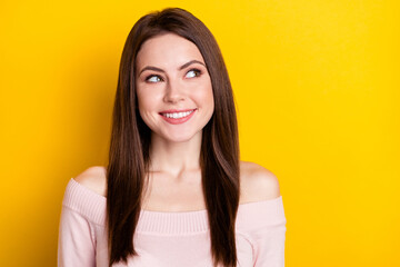 Poster - Photo of optimistic brunette lady look empty space wear pink shirt isolated on vibrant yellow color background