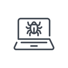 Poster - Virus and computer bug line icon. Laptop with bug on display vector outline sign.
