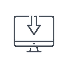Fototapete - Download to computer line icon. PC with arrow down vector outline sign.