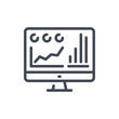 Online statistics and analytics line icon. Computer with chart, graph and data report vector outline sign.