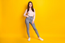 Full Size Photo Of Young Happy Good Moo Beautiful Gorgeous Woman Posing On Camera Isolated On Yellow Color Background