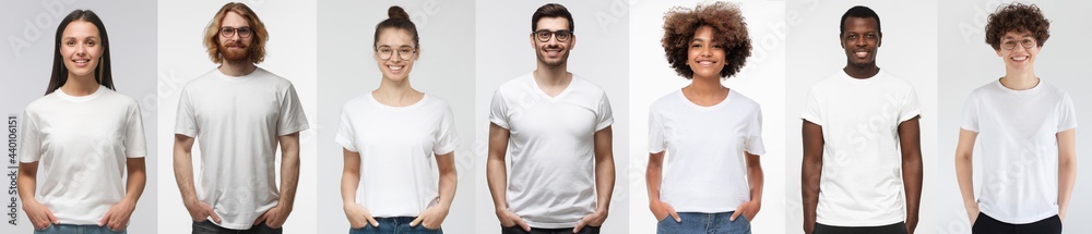 White t-shirt people. Collage of many men and women wearing blank tshirt with copy space for your text or logo - obrazy, fototapety, plakaty 