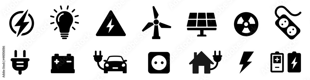 Electricity icon set. Collection of green energy icons. Icons for renewable energy, green technology. Flat style icon. Environmental sustainability simple symbol - stock vector. - obrazy, fototapety, plakaty 