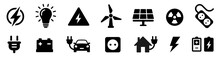 Electricity Icon Set. Collection Of Green Energy Icons. Icons For Renewable Energy, Green Technology. Flat Style Icon. Environmental Sustainability Simple Symbol - Stock Vector.
