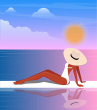 Digital Illustration Of A Gentle Pink Sunset And A Beautiful Girl On Vacation In Summer Looking At The Landscape With Joy